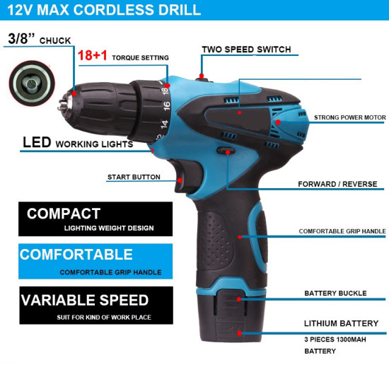 Wireless Electric Screwdriver Cordless Drill Machine - 2 Batteries 12V/1.5Ah - Ultimate DIY Companion